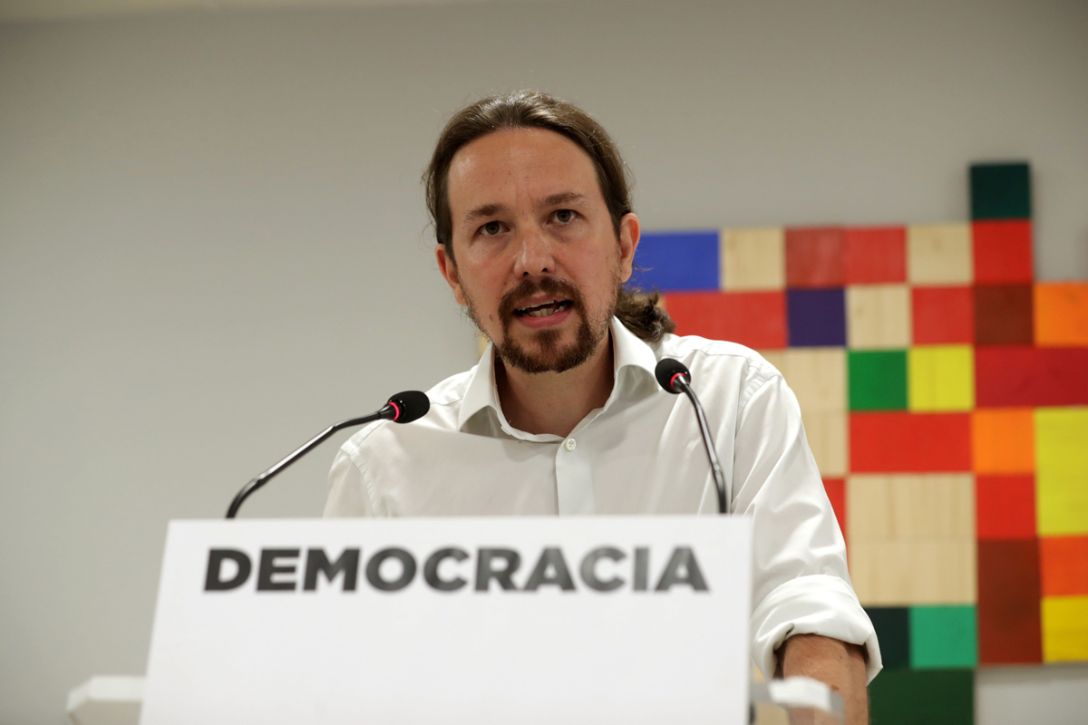 Pablo Iglesias durante una rueda de prensa en la sede de Podemos