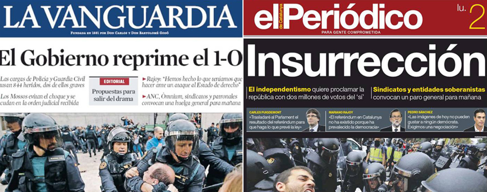 Portadas de El Periódico de Catalunya y La Vanguardia, este 2 de octubre, tras el referéndum