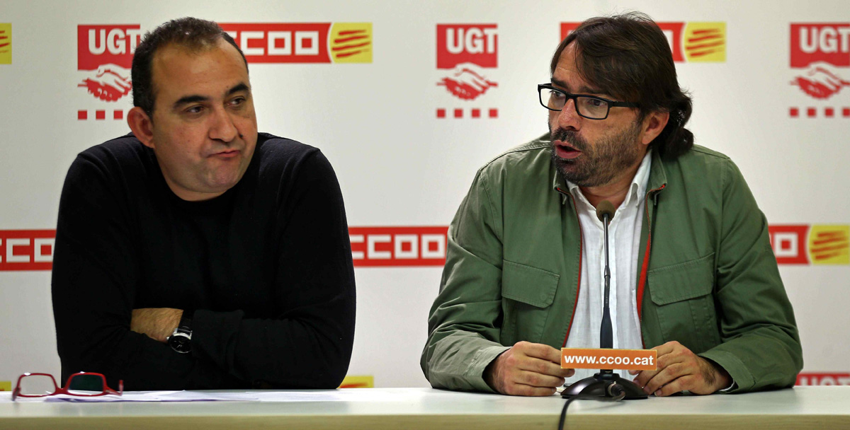 Los secretarios generales de UGT y CCOO de Cataluña, Camil Ros (d) y Javier Pacheco (i), respectivamente, durante una rueda de prensa