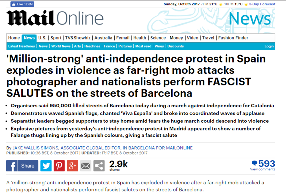 Noticia del Daily Mail en su versión digital sobre la manifestación de Cataluña. 