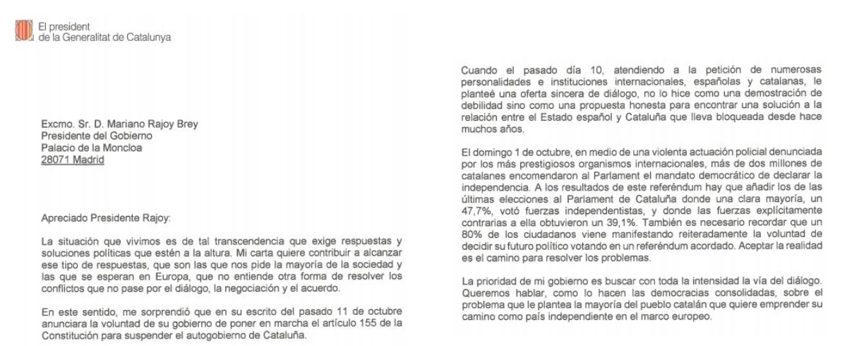 Carta de Carles Puigdemont a Mariano Rajoy