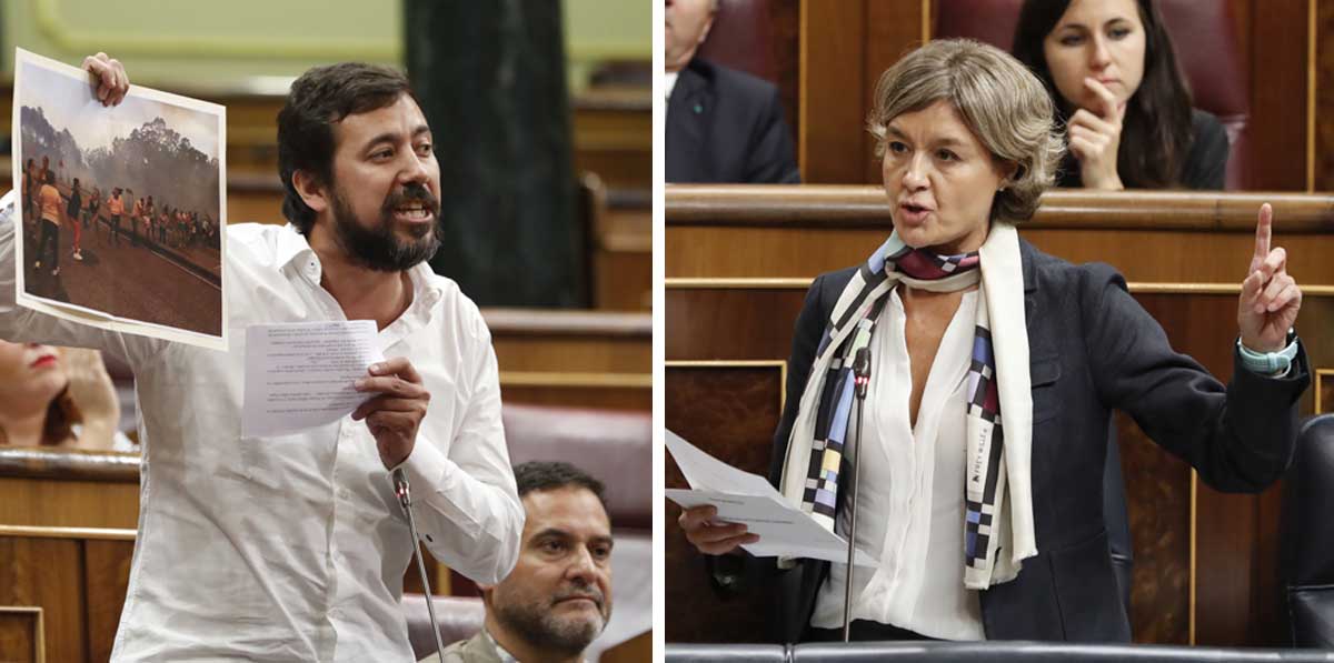 El diputado Antonio Gómez-Reino, de Unidos Podemos, y la ministra de Medio Ambiente, Isabel García-Tejerina. 