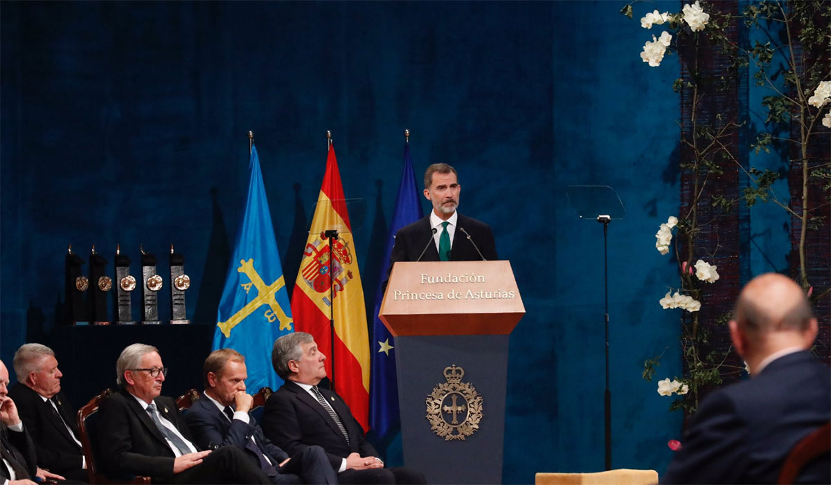 El rey Felipe VI durante su discurso en los premios Princesa de Asturias 2017