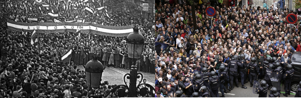 A la izquierda, una de las históricas manifestaciones andaluzas pidiendo autonomía. A la derecha, una imagen del 1-O catalán.