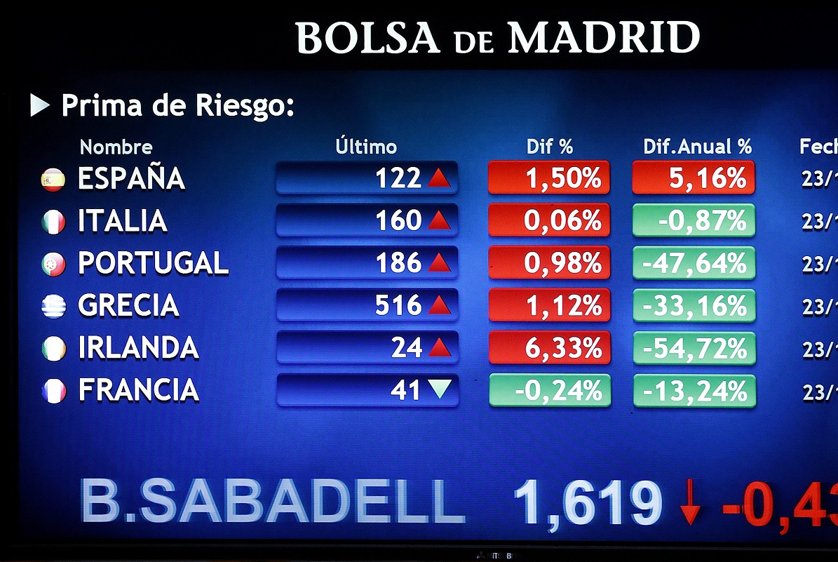 En la imagen, panel en la Bolsa de Madrid con la evolución de la prima de riesgo