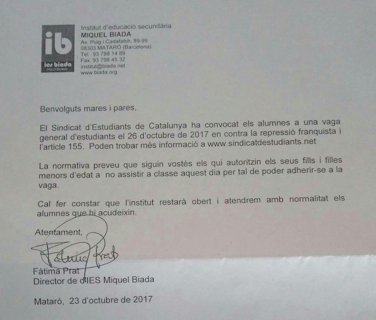 Una de las cartas enviadas a los padres para solicitar la autorización para acudir a las movilizaciones