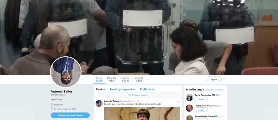 Captura cuenta de Twitter del diputado de la CUP Antonio Baños con Carles Puigdemont del revés