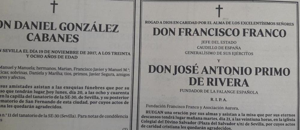 Página de hoy de ABC de Sevilla con la esquela de Franco y José Antonio.