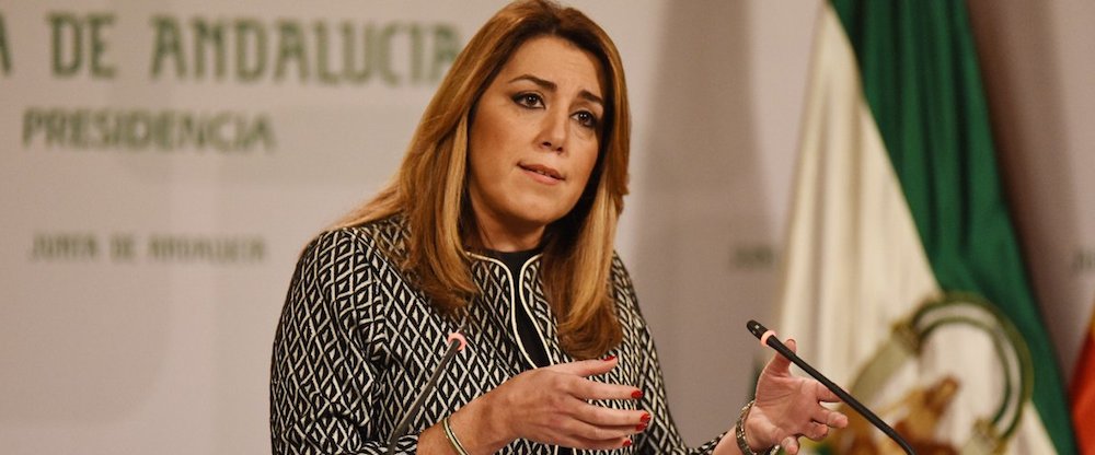 La presidenta andaluza, Susana Díaz, durante su comparecencia de hoy en el palacio de San Telmo.