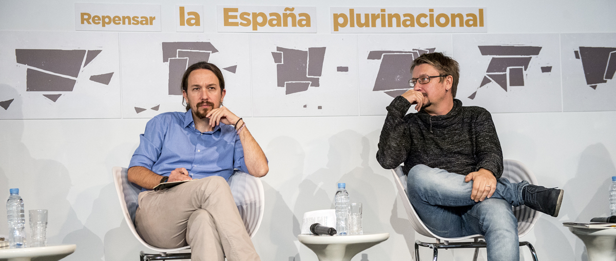 Pablo Iglesias y Xavier Domènech en un acto sobre la plurinacionalidad de España