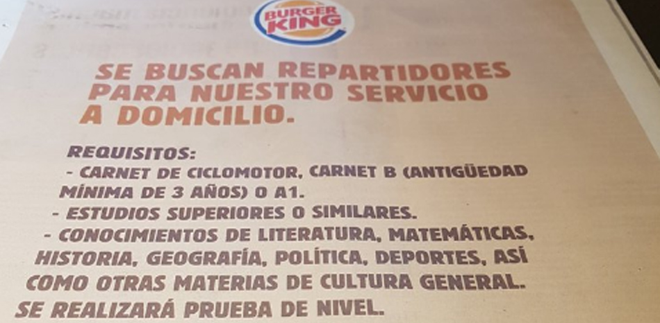 Oferta de trabajo de Burguer King