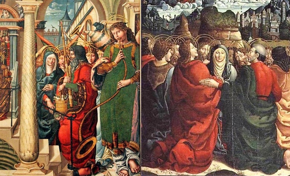 Las dos tablas del Monasterio de Sijena que se guardan en el Museo de Santa Cruz de Toledo, 'Presentación de la Virgen en el Templo' y 'Ascensión de Jesús'.