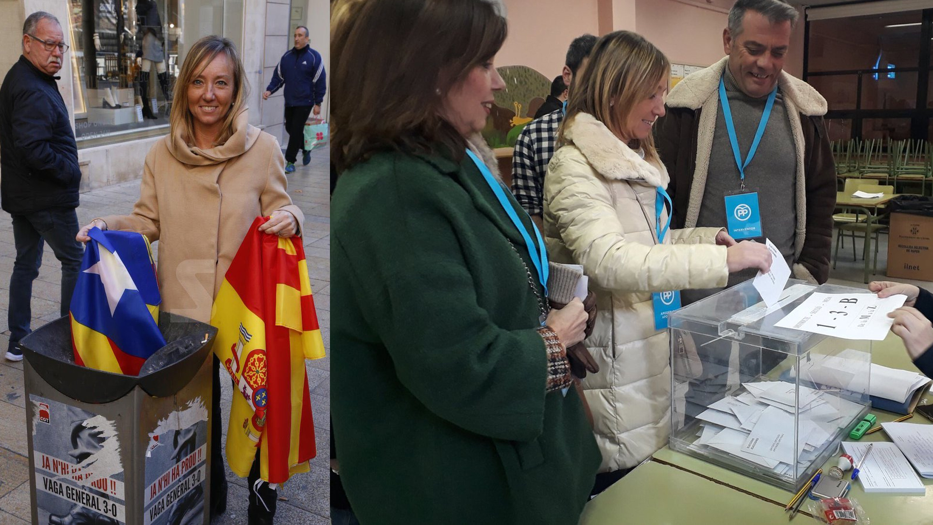 Marisa Xandri, candidata del PP por Lleida votando y tirando la estelada a la basura. 