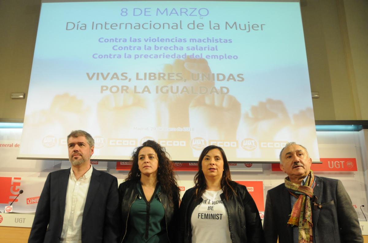 Los secretario generales de CCOO y UGT en la presentación de los paros para el 8 de marzo