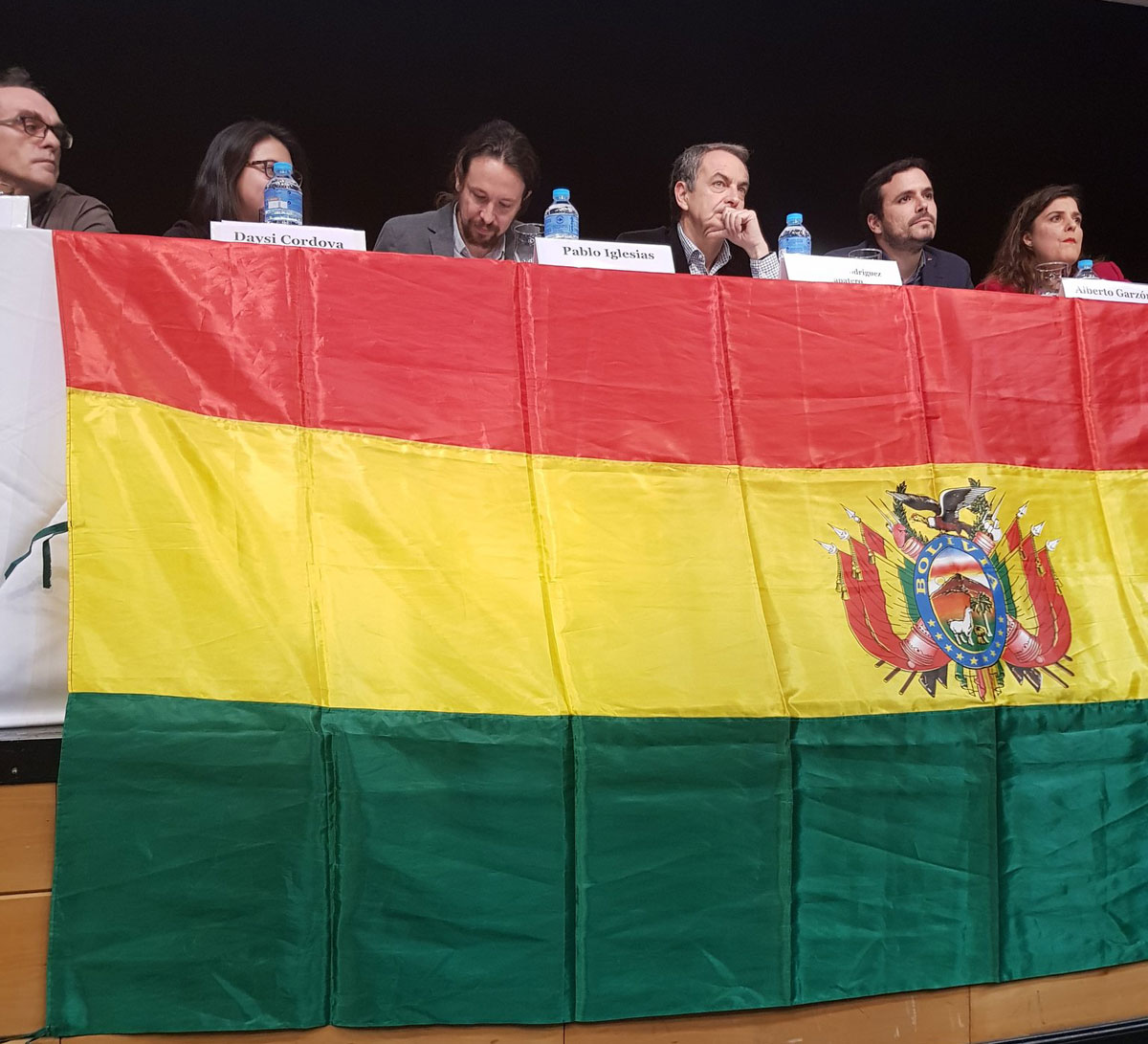 Pablo Iglesias, José Luis Rodríguez Zapatero y Alberto Garzón en el acto de apoyo a Evo Morales