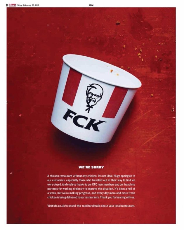 Anuncio de KFC pidiendo disculpas