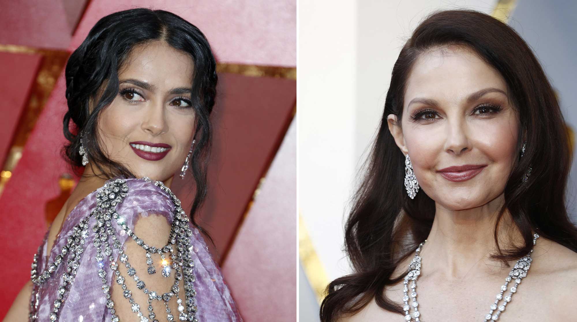 Salma Hayek y Ashley Judd, dos de las víctimas de Harvey Weinstein, en la alfombra roja de los Óscar. 