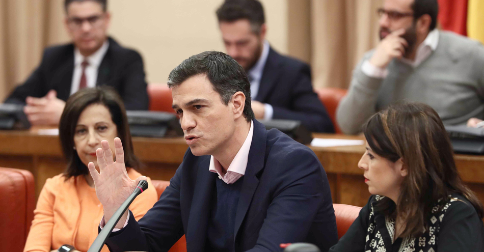 El secretario general del PSOE, Pedro Sánchez, durante una reunión del grupo parlamentario socialista en el Congreso. 