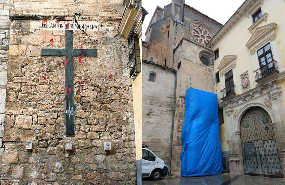 La cruz franquista en la fachada lateral de la Catedral de Cuenca antes y durante su retirada