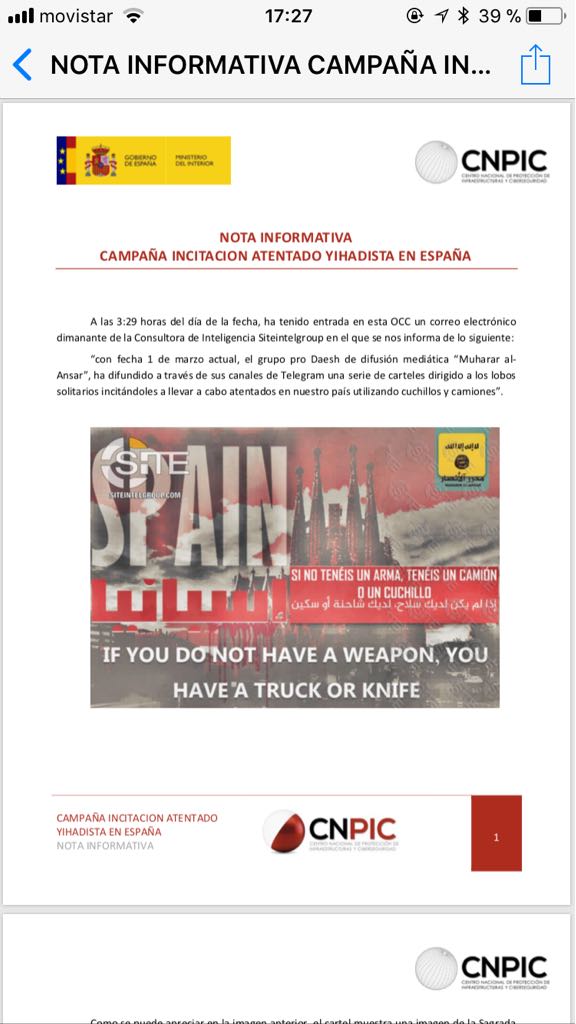 Captura del documento que advierte sobre un atentado en España de ISIS.