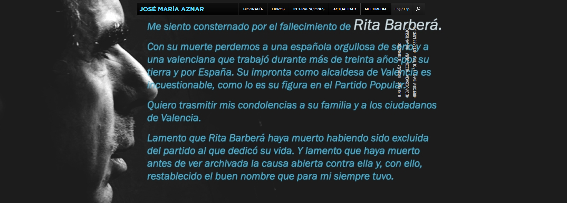 Aznar llora la muerte de Rita, "una española orgullosa de serlo" y zumba de paso al PP