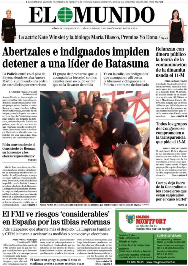 La 'Brunete mediática' acusa a los 'indignados' de impedir la detención de una presunta etarra