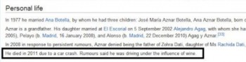 La Wikipedia inglesa difunde el bulo de que Aznar murió en un accidente por conducir bebido