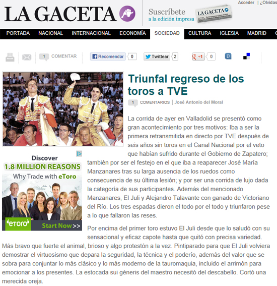 La ultraderecha mediática festeja la vuelta de los toros a TVE