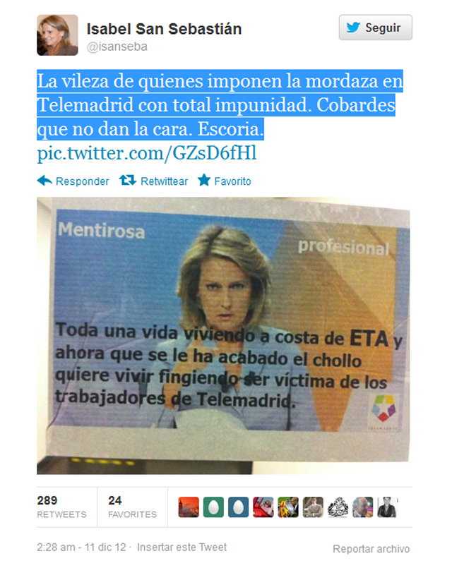 Carteles en Telemadrid acusan a Isabel San Sebastián de haber vivido "a costa de ETA"