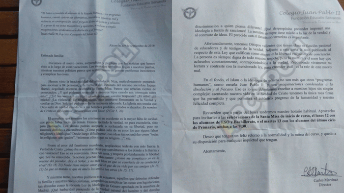 El Director De Un Colegio Concertado Critica La Homosexualidad En Una Carta De Bienvenida A Los Alumnos