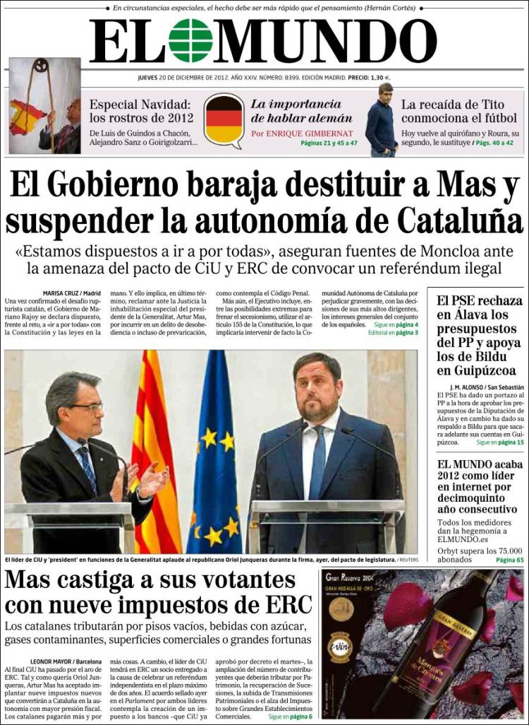 El Gobierno, dispuesto a "ir a por todas" en Cataluña, incluso a inhabilitar a Mas y suspender la autonomía