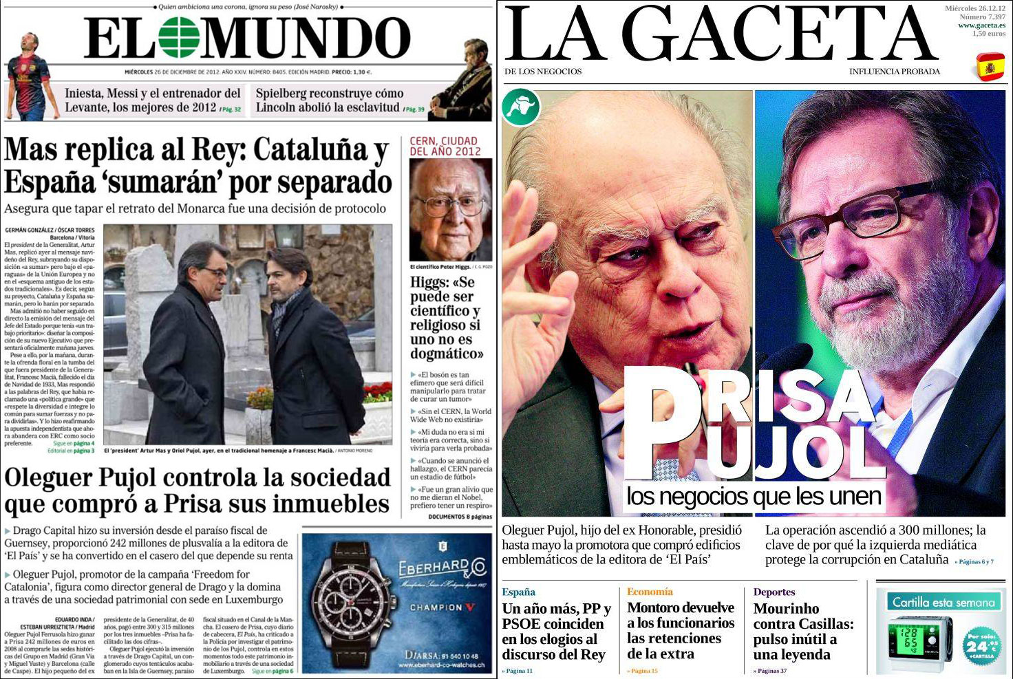 'El Mundo' y 'La Gaceta' denuncian 'favores económicos' tras las informaciones de 'El País' sobre el 'caso Pujol'
