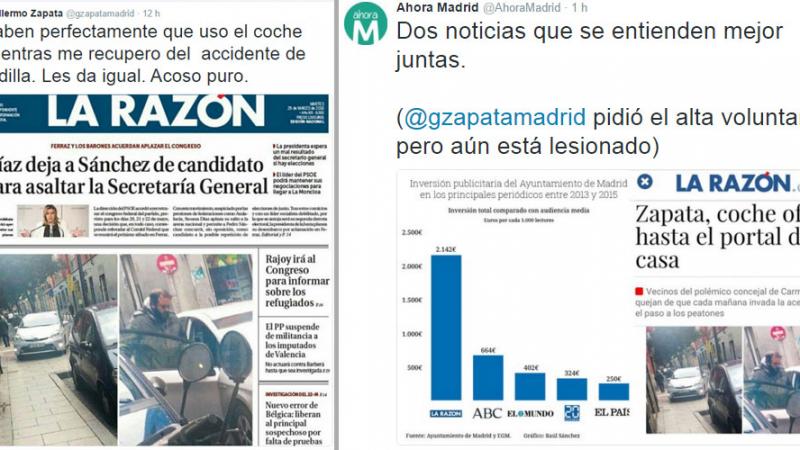 Tuits de Zapata y de Ahora Madrid sobre la portada de La Razón del coche oficial
