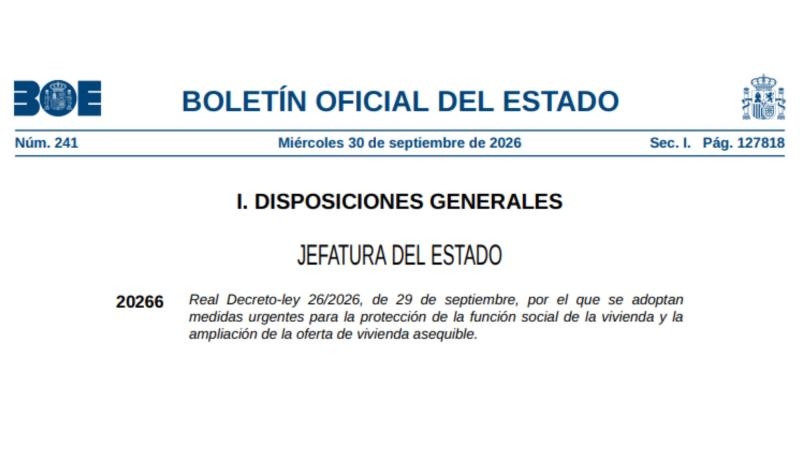 Real Decreto ley de vivienda recogido en el BOE del 30 de septiembre de 2026. Captura.