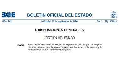 Real Decreto ley de vivienda recogido en el BOE del 30 de septiembre de 2026. Captura.