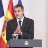 El presidente del Gobierno, Pedro Sánchez, en comparecencia junto a su homólogo francés, Emmanuel Macron, en el Palacio de La Moncloa. EP.