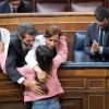 La diputada de Sumar Tesh Sidi, el ministro de Cultura, Ernest Urtasun, y la ministra de Sanidad, Mónica García, durante una sesión plenaria, en el Congreso de los Diputados. EP.