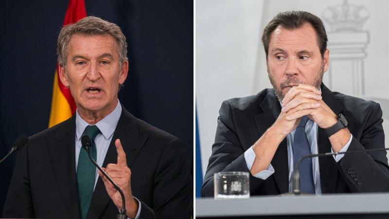 El presidente del Partido Popular, Alberto Núñez Feijóo y el ministro de Transportes, Óscar Puente. EP.