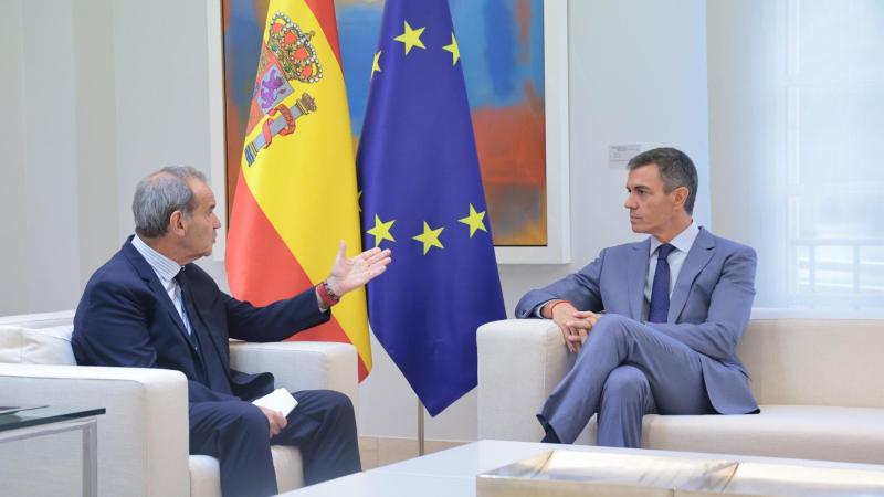 El presidente del gobierno, Pedro Sánchez, durante un encuentro con el secretario general Iberoamericano, Andrés Allamand, en el Complejo de la Moncloa. EP.