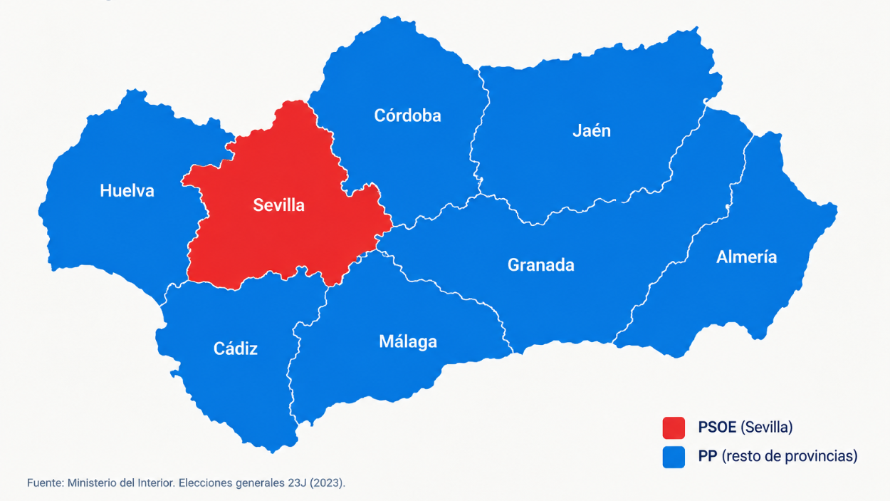 Mapa del resultado electoral en Andalucía de las elecciones generales de 2023