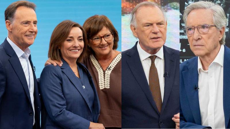 Matías Prats, Pepa Bueno, Olga Viza, Pedro Piqueras e Iñaki Gabilondo en el especial del Telediario por los 70 años de TVE
