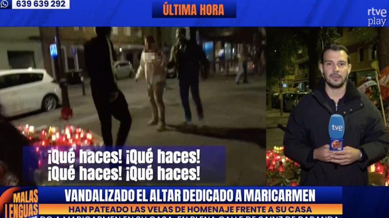 Tres personas vandalizan el altar de Maricarmen, increpan a TVE e intentan arrebatar el micrófono a los periodistas en directo. Malas Lenguas.