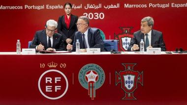 España, Portugal y Marruecos durante una reunión en Rabat, en 2023, en la que se abordaron detalles del Mundial 2030. EPArchivo.