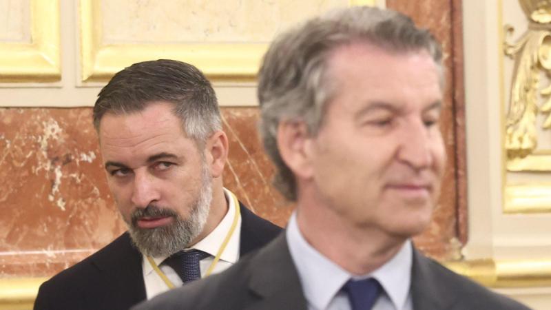 El presidente de Vox, Santiago Abascal, y el presidente del PP, Alberto Núñez Feijóo. EP.