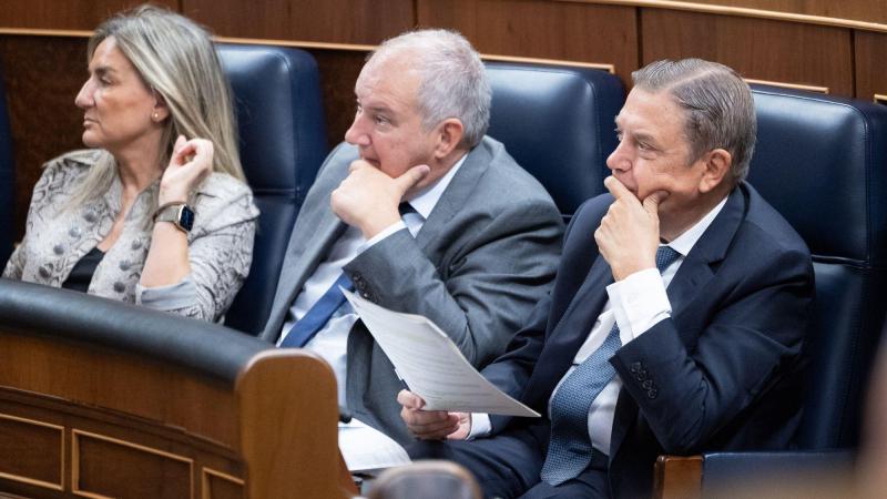 (I-D) La ministra de Educación, FP y Deportes, Milagros Tolón; el ministro de Industria y Turismo, Jordi Hereu, y l ministro de Agricultura, Pesca y Alimentación, Luis Planas, durante una sesión de control al Gobierno. EP.