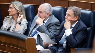 (I-D) La ministra de Educación, FP y Deportes, Milagros Tolón; el ministro de Industria y Turismo, Jordi Hereu, y l ministro de Agricultura, Pesca y Alimentación, Luis Planas, durante una sesión de control al Gobierno. EP.