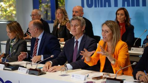 (I-D) La vicesecretaria de regeneración institucional del Partido Popular, Cuca Gamarra, el secretario general del PP, Miguel Tellado; el presidente del Partido Popular, Alberto Núñez Feijóo, y la vicesecretaria de Coordinación Sectorial del PP, Alma Ezcurra, durante el Comité Ejecutivo Nacional del partido, en la sede nacional del PP, a 3 de noviembre de 2025, en Madrid (España). Alejandro Martínez Vélez / Europa Press.