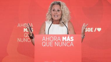 La portavoz de la Ejecutiva Federal del PSOE, Montse Mínguez, durante una rueda de prensa, en la sede del PSOE. EP.