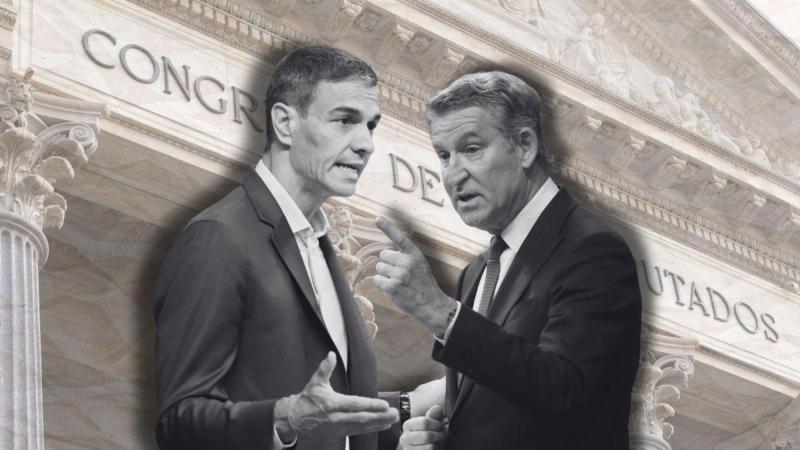 Fotomontaje del presidente del Gobierno, Pedro Sánchez, y el líder del PP, Alberto Núñez Feijóo, con el Congreso de los Diputados de fondo. Elaboración propia.