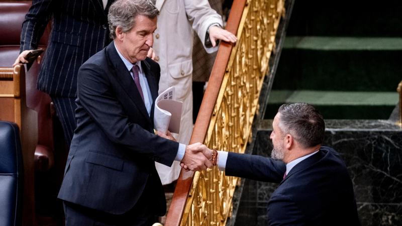 El presidente del Partido Popular, Alberto Núñez Feijóo, saluda al presidente de VOX, Santiago Abascal, a su salida de un pleno en el Congreso de los Diputados, a 10 de febrero de 2026, en Madrid 